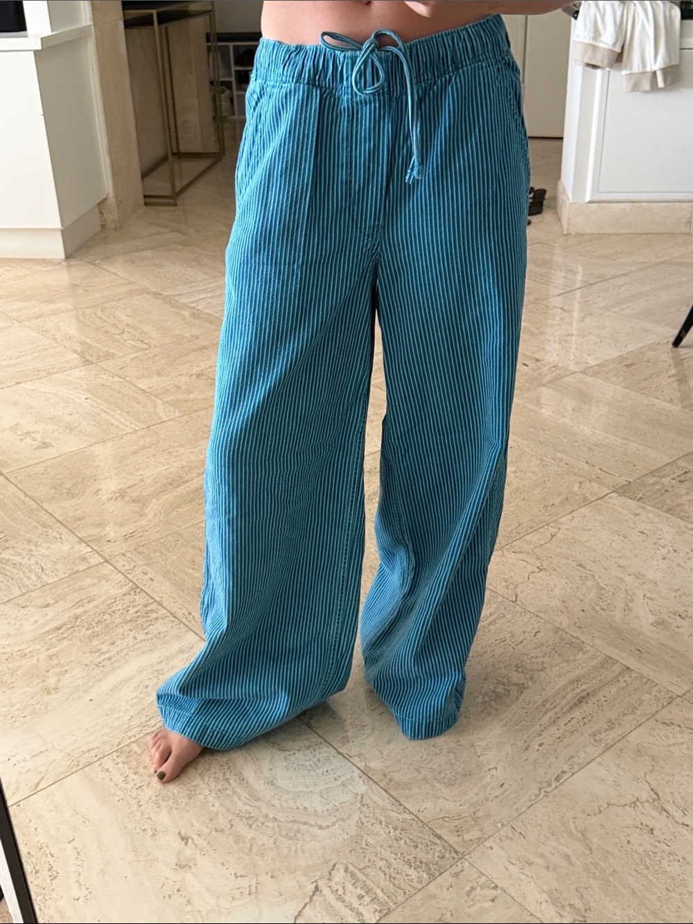 Blue striped Wide-Leg Drawstring Pants